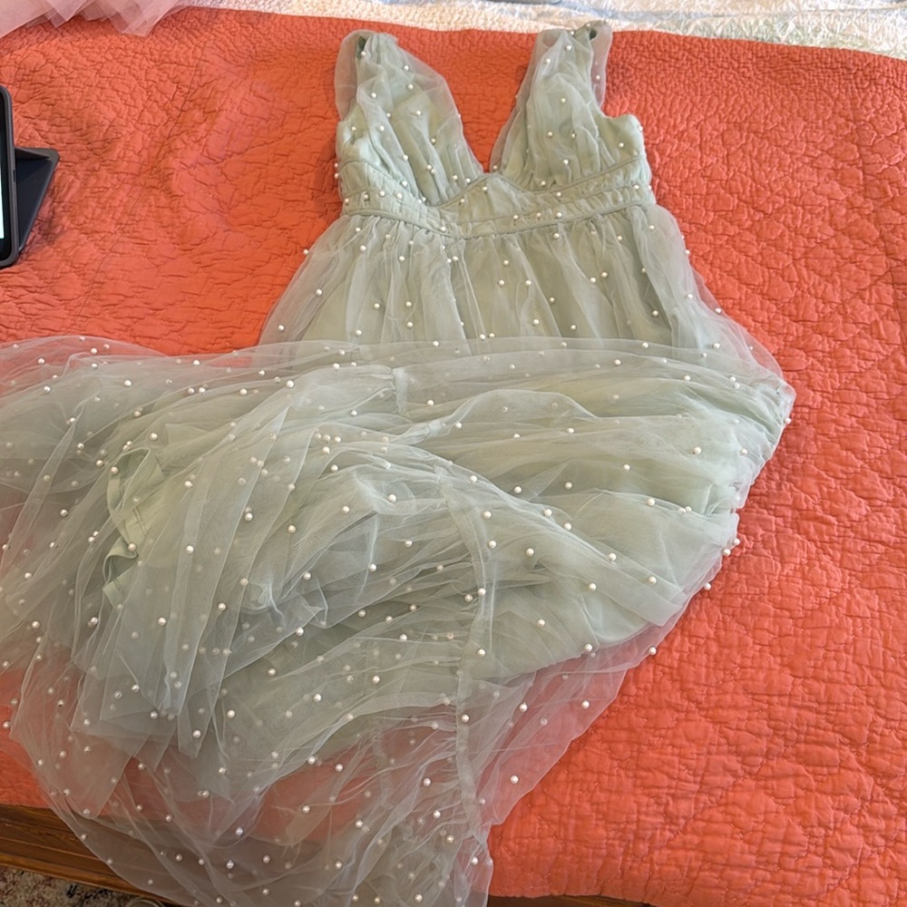 NWT Francesca’s Sage Green Maxi Dress adorned with Pearls